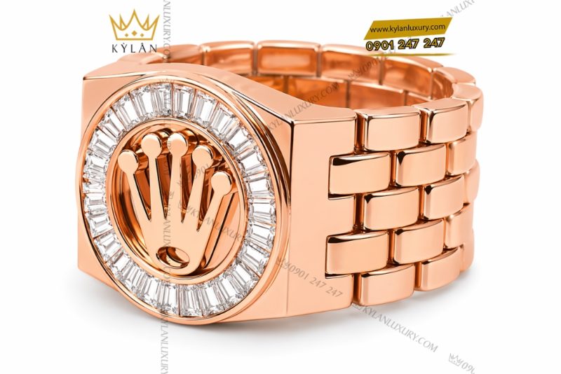 Nhẫn Rolex vàng hồng Au750 đính kim cương baguette