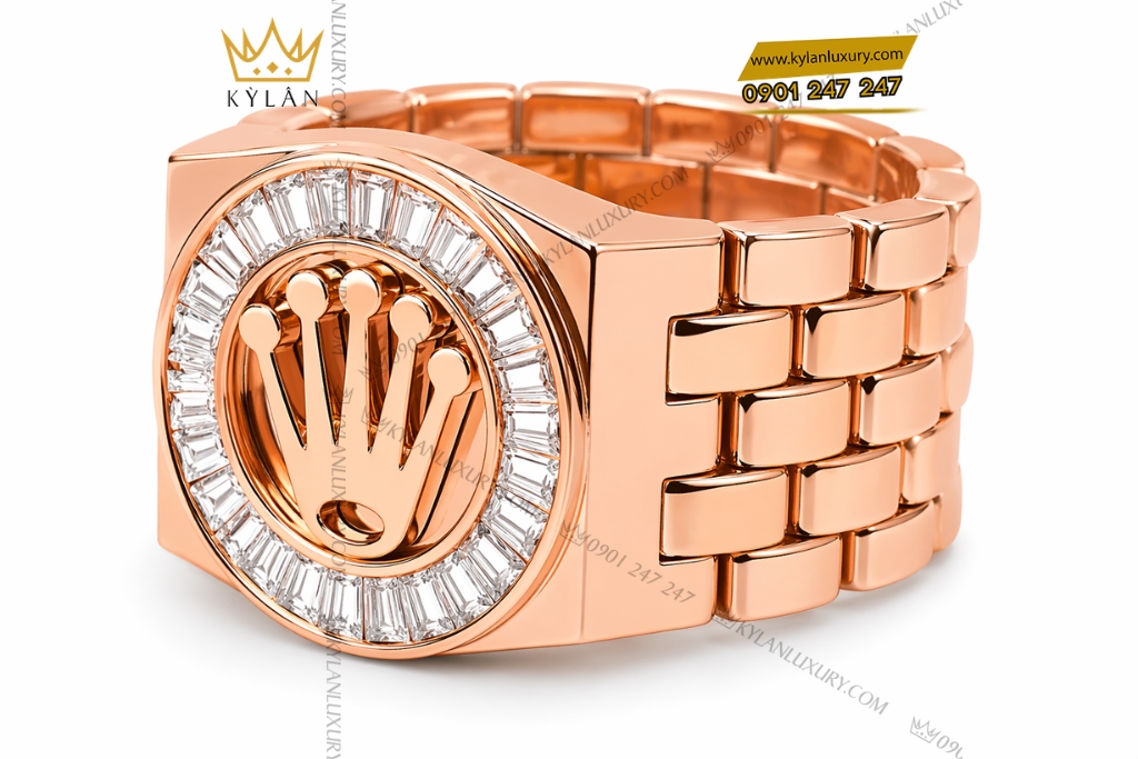 Kỳ Lân Luxury Nhan Rolex vang hong Au750 dinh kim cuong baguette 5 Nhẫn Rolex vàng hồng Au750 đính kim cương baguette