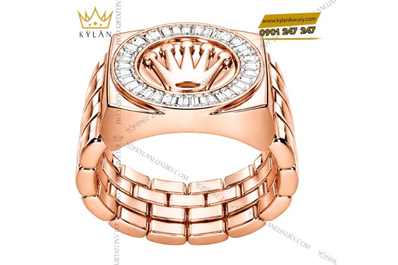 Nhẫn Rolex vàng hồng Au750 đính kim cương baguette