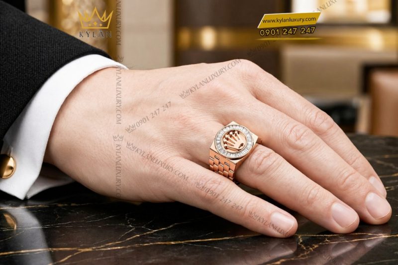 Nhẫn Rolex vàng hồng Au750 đính kim cương baguette