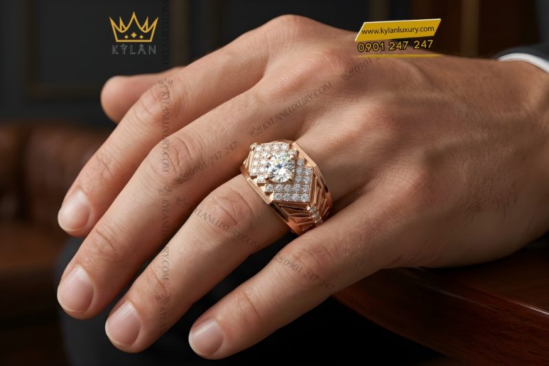 Nhẫn nam vàng hồng Au750 đính kim cương