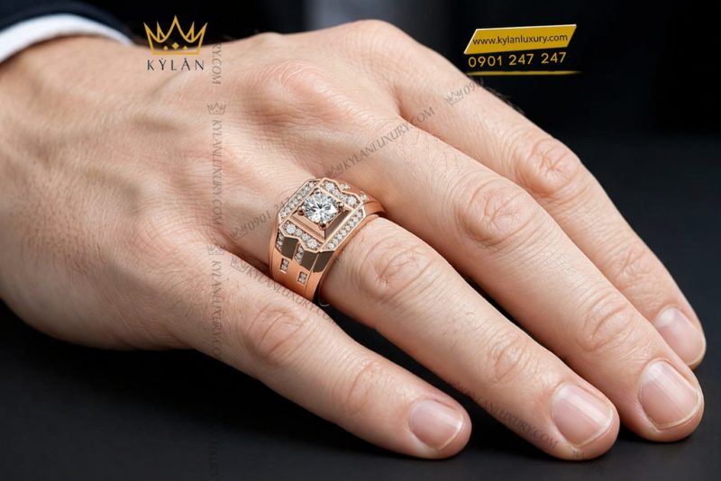 Nhẫn nam vàng hồng Au750 đính kim cương