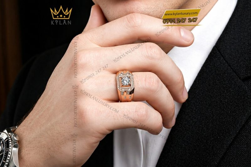 Nhẫn nam vàng hồng Au750 đính kim cương