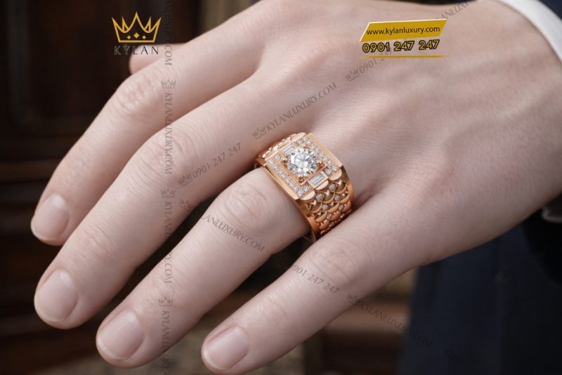 Nhẫn nam vàng hồng Au750 đính kim cương