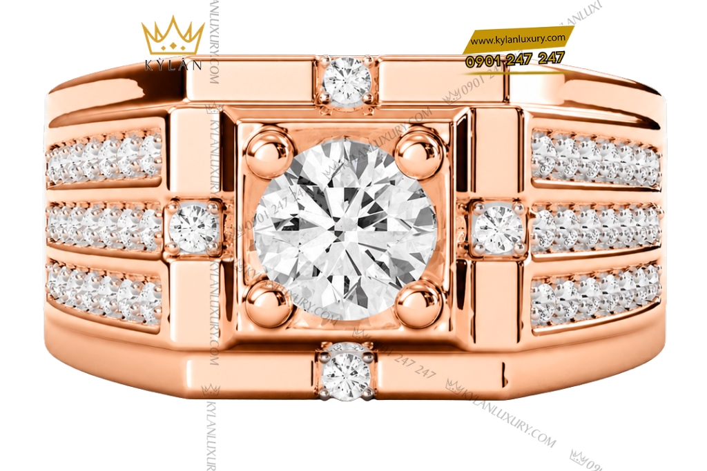 Nhẫn nam vàng hồng Au750 đính kim cương