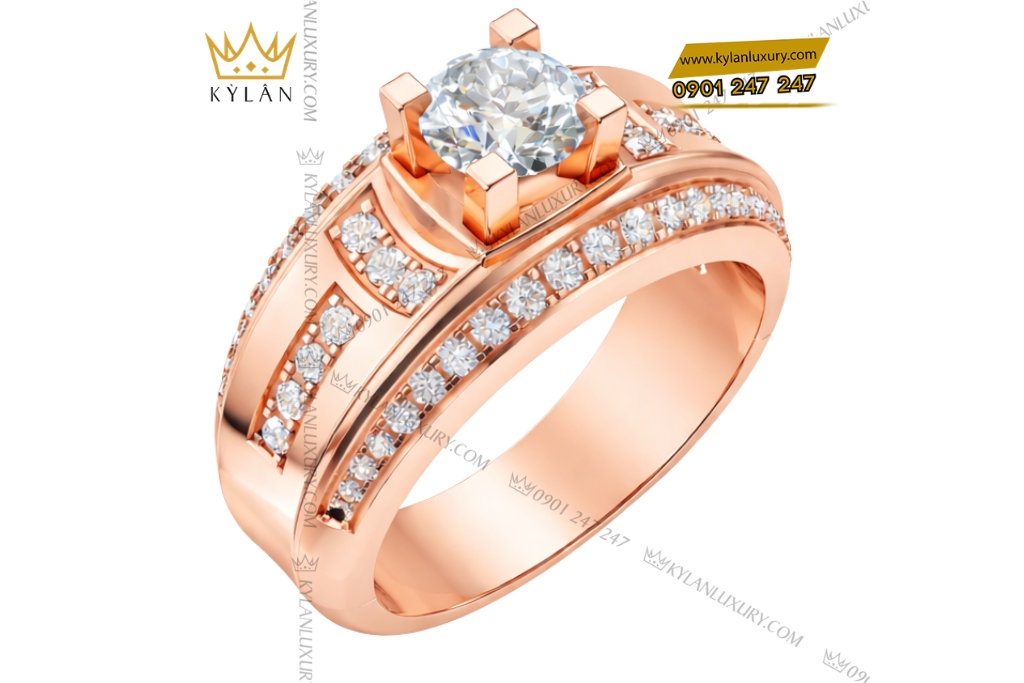 Nhẫn nam vàng hồng Au750 đính kim cương