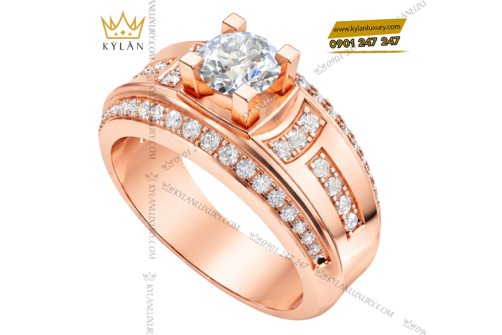 Kỳ Lân Luxury Nhan nam vang hong Au750 dinh kim cuong 16 Nhẫn nam vàng hồng Au750 đính kim cương