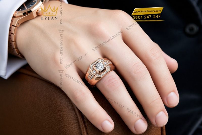 Nhẫn nam vàng hồng Au750 đính kim cương