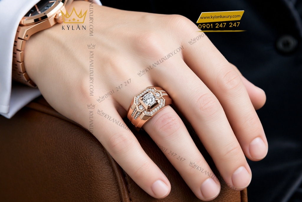 Kỳ Lân Luxury Nhan nam vang hong Au750 dinh kim cuong 18 1 Nhẫn nam vàng hồng Au750 đính kim cương