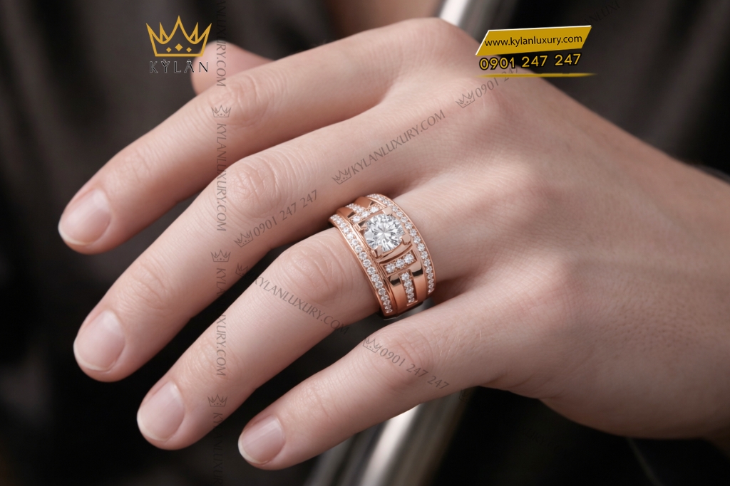 Nhẫn nam vàng hồng Au750 đính kim cương