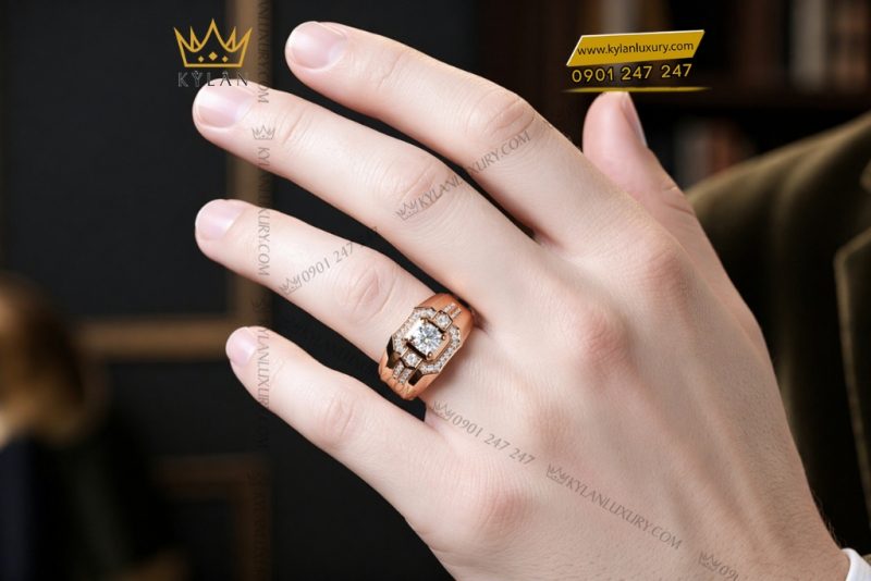 Nhẫn nam vàng hồng Au750 đính kim cương