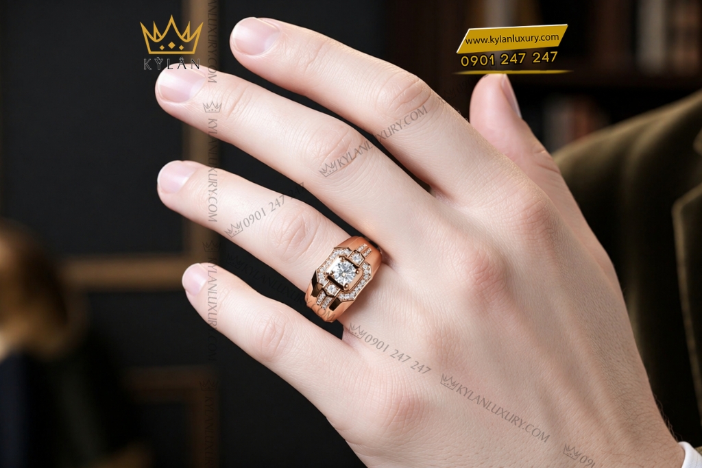 Nhẫn nam vàng hồng Au750 đính kim cương