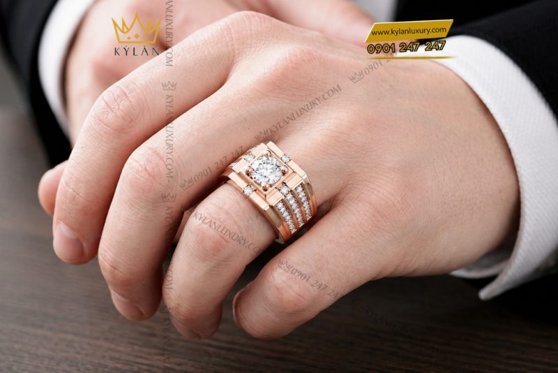 Nhẫn nam vàng hồng Au750 đính kim cương