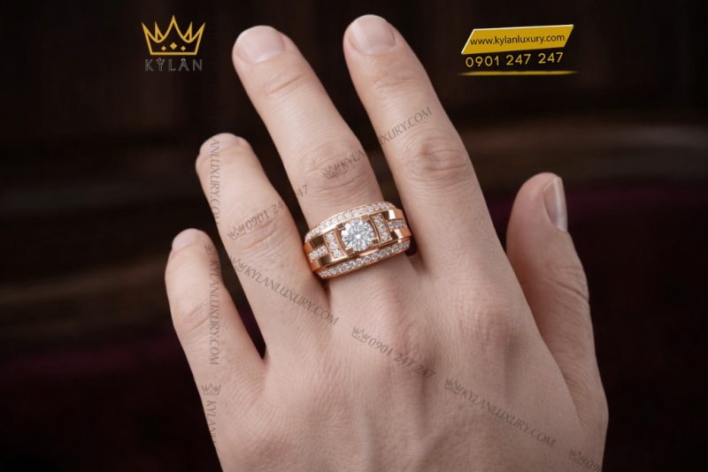 Nhẫn nam vàng hồng Au750 đính kim cương