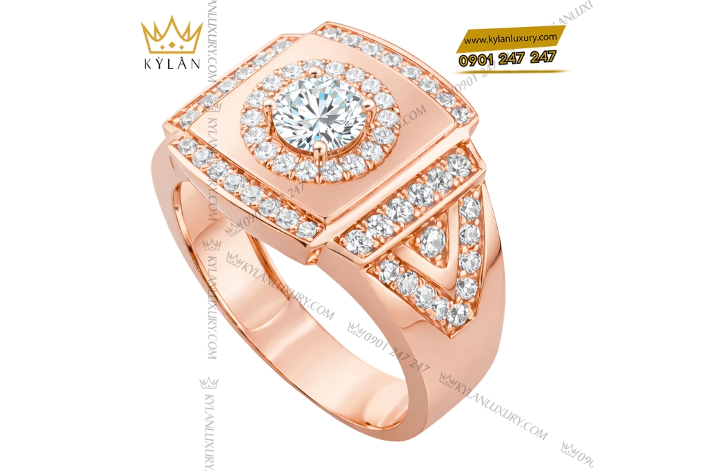 Nhẫn nam vàng hồng Au750 đính kim cương