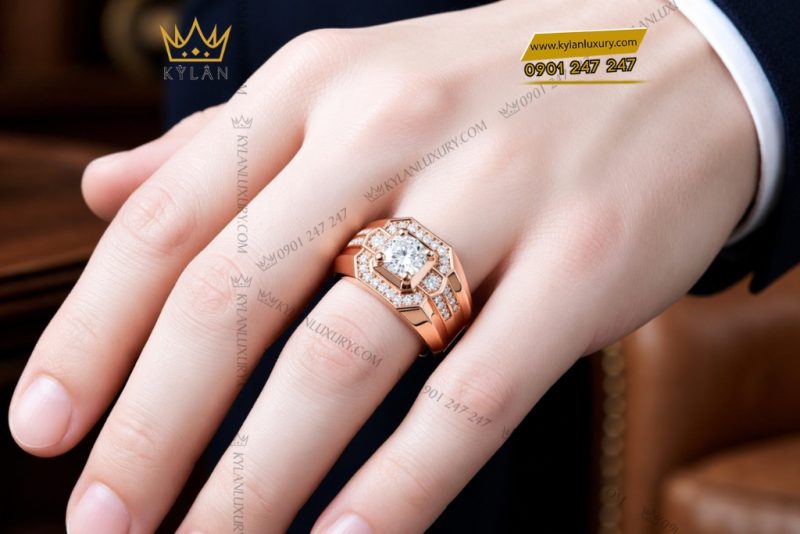 Nhẫn nam vàng hồng Au750 đính kim cương