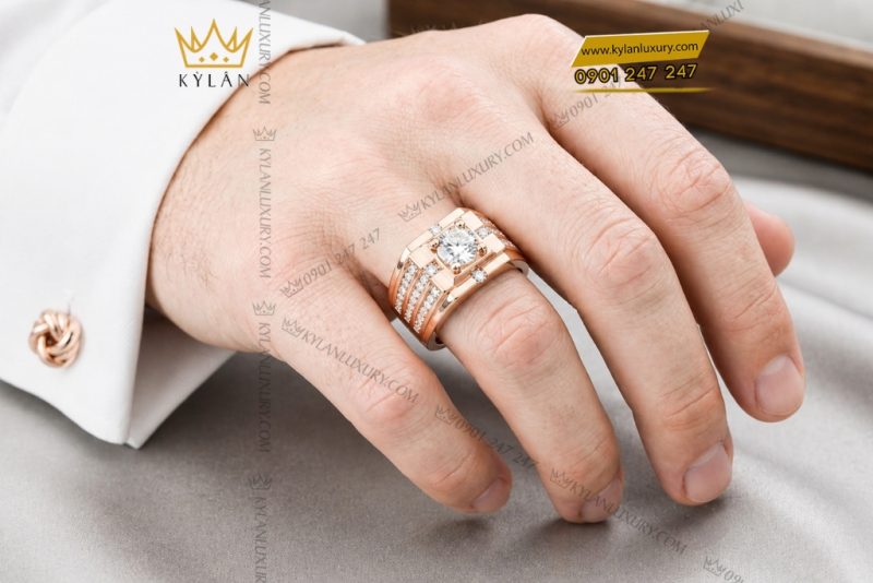 Nhẫn nam vàng hồng Au750 đính kim cương