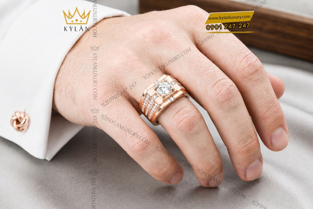 Kỳ Lân Luxury Nhan nam vang hong Au750 dinh kim cuong 20 2 Nhẫn nam vàng hồng Au750 đính kim cương