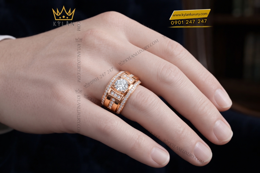 Kỳ Lân Luxury Nhan nam vang hong Au750 dinh kim cuong 20 Nhẫn nam vàng hồng Au750 đính kim cương