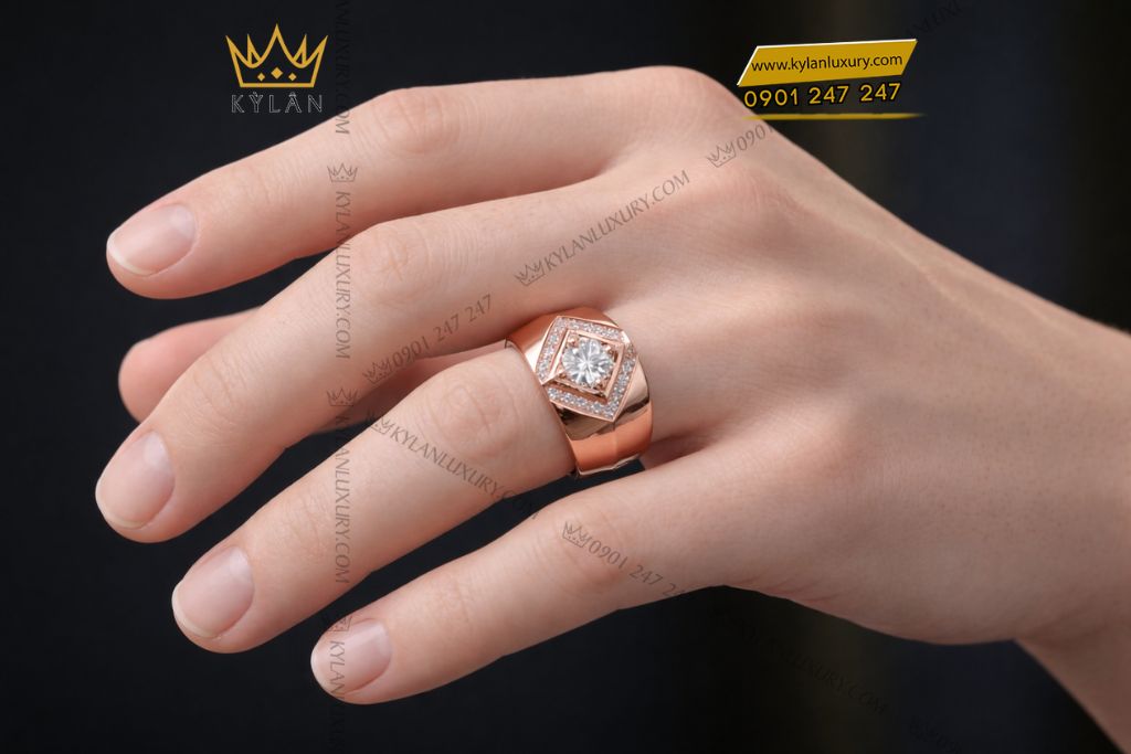 Nhẫn nam vàng hồng Au750 đính kim cương