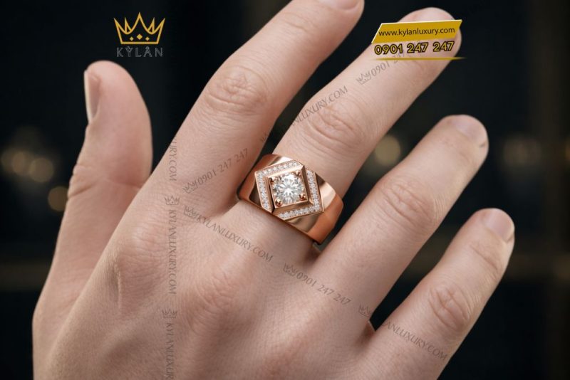 Nhẫn nam vàng hồng Au750 đính kim cương