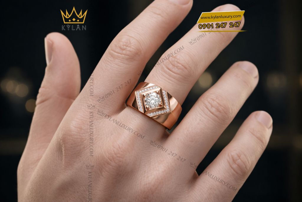 Nhẫn nam vàng hồng Au750 đính kim cương