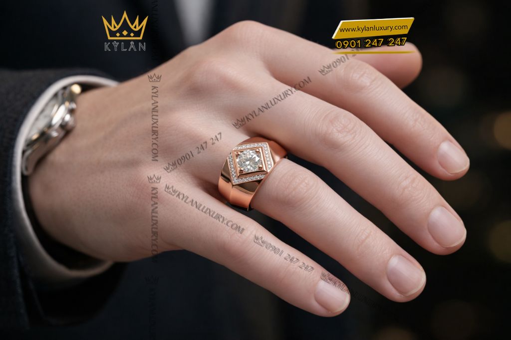 Nhẫn nam vàng hồng Au750 đính kim cương