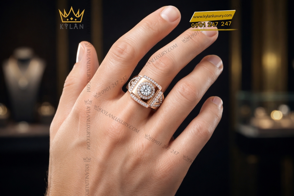 Nhẫn nam vàng hồng Au750 đính kim cương