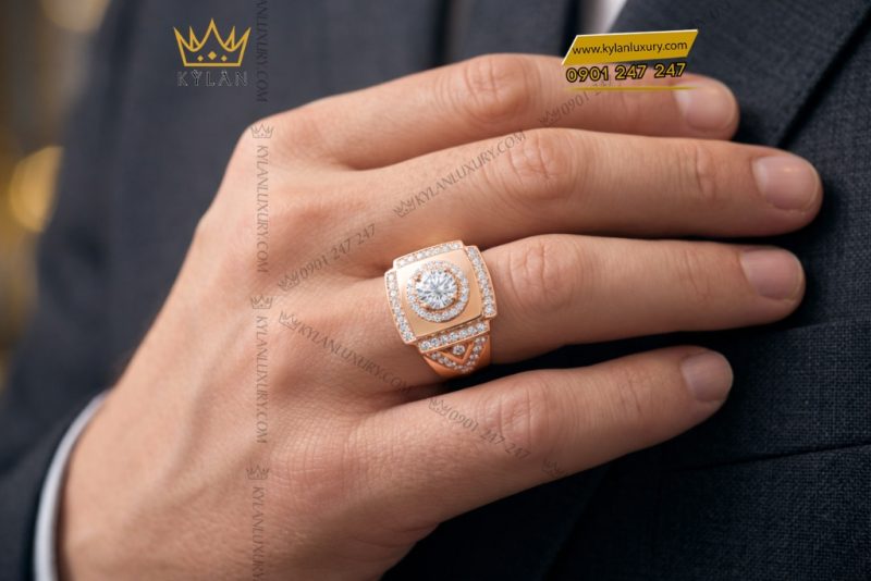 Nhẫn nam vàng hồng Au750 đính kim cương