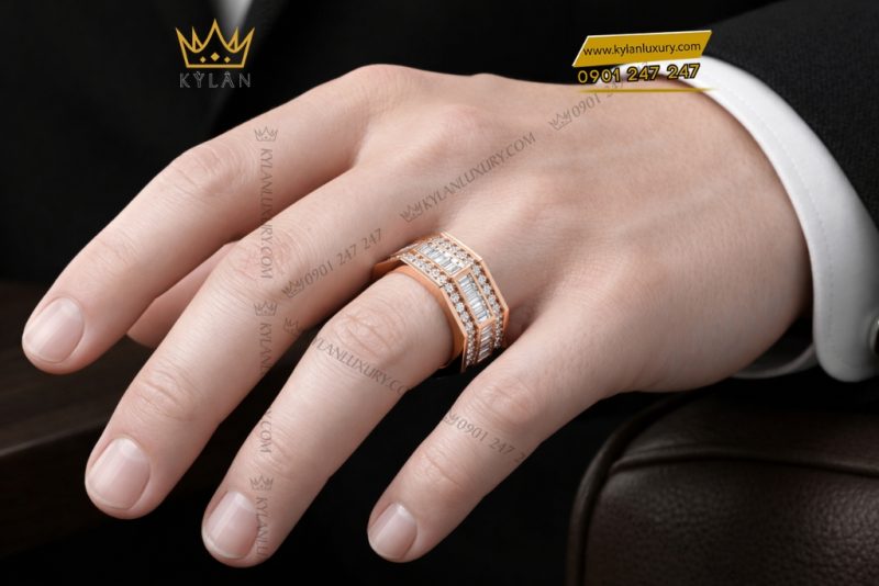 Nhẫn nam vàng hồng Au750 đính kim cương