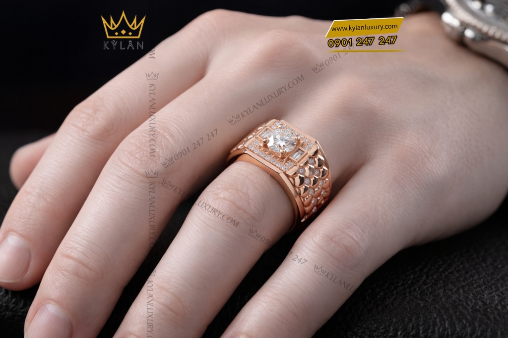 Nhẫn nam vàng hồng Au750 đính kim cương