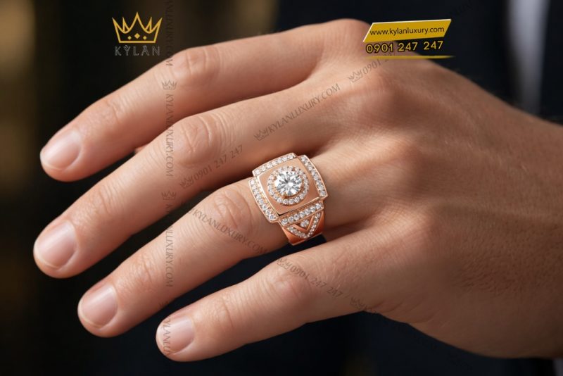 Nhẫn nam vàng hồng Au750 đính kim cương