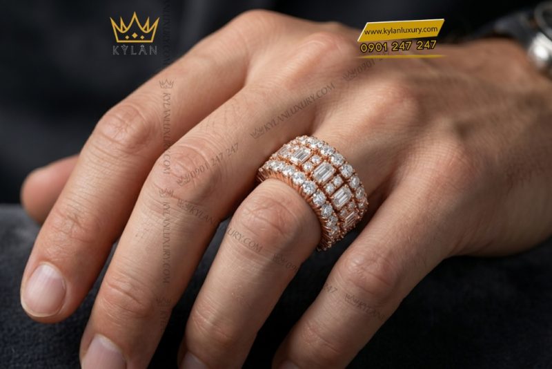 Nhẫn nam vàng hồng Au750 đính kim cương