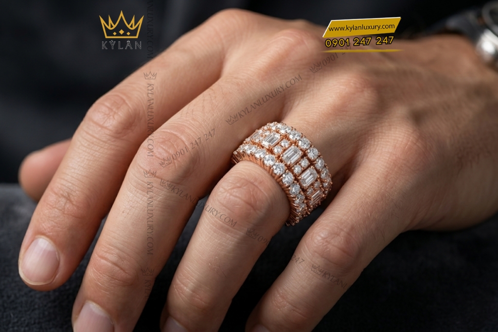 Kỳ Lân Luxury Nhan nam vang hong Au750 dinh kim cuong 8 3 Nhẫn nam vàng hồng Au750 đính kim cương