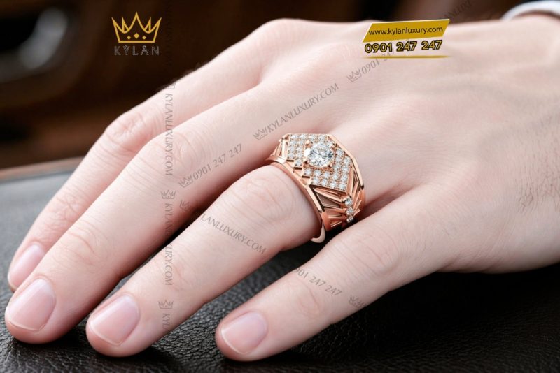 Nhẫn nam vàng hồng Au750 đính kim cương