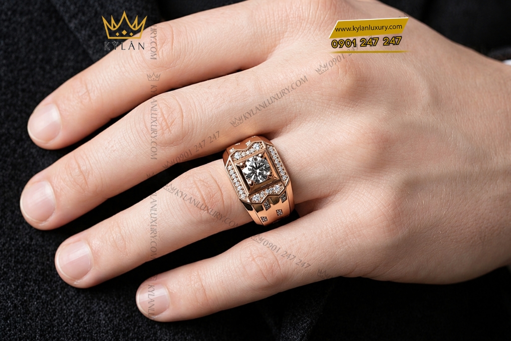 Nhẫn nam vàng hồng Au750 đính kim cương