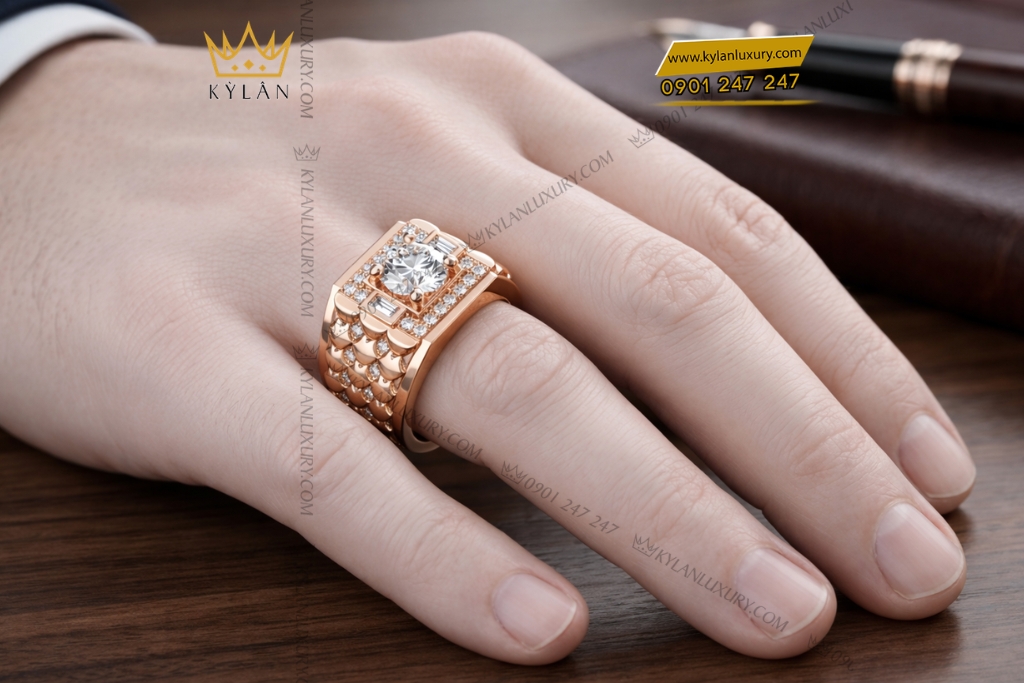 Kỳ Lân Luxury Nhan nam vang hong Au750 dinh kim cuong 9 1 Nhẫn nam vàng hồng Au750 đính kim cương