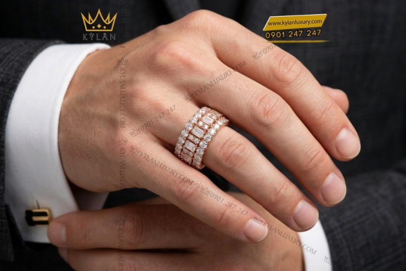 Nhẫn nam vàng hồng Au750 đính kim cương