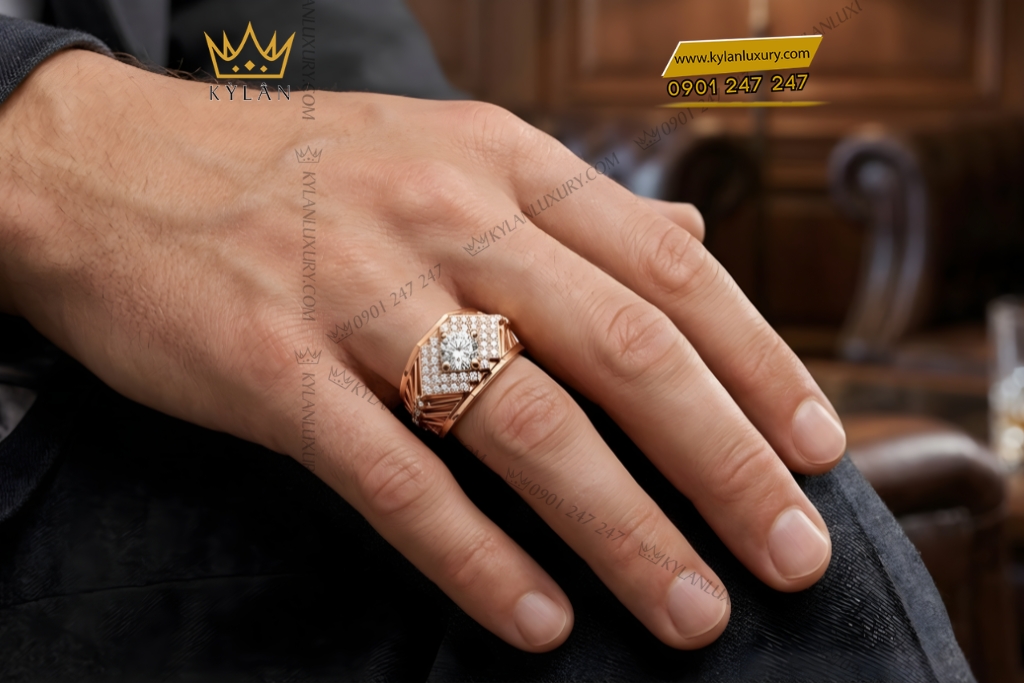 Kỳ Lân Luxury Nhan nam vang hong Au750 dinh kim cuong 9 4 Nhẫn nam vàng hồng Au750 đính kim cương