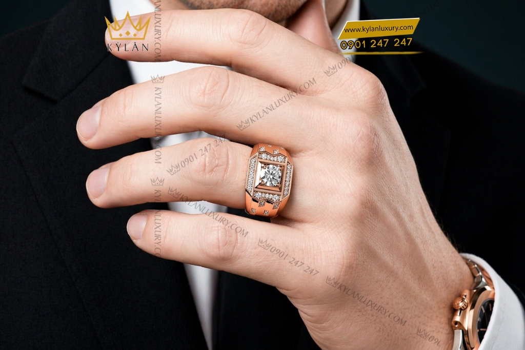 Kỳ Lân Luxury Nhan nam vang hong Au750 dinh kim cuong 9 5 Nhẫn nam vàng hồng Au750 đính kim cương