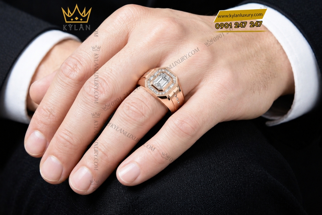 Kỳ Lân Luxury Nhan nam vang hong Au750 dinh kim cuong 9 6 Nhẫn nam vàng hồng Au750 đính kim cương