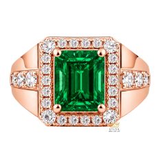 Nhẫn nam vàng hồng Au750 đính kim cương và đá ngọc lục bảo