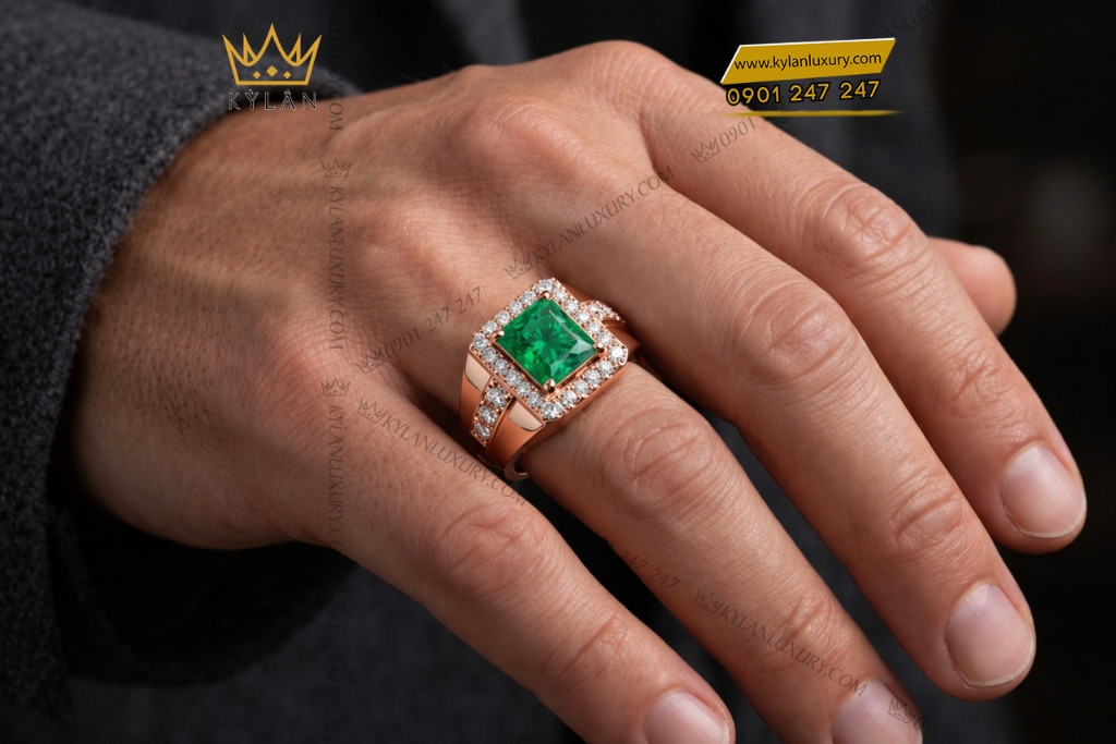 Kỳ Lân Luxury Nhan nam vang hong Au750 dinh kim cuong va da ngoc luc bao 10 Nhẫn nam vàng hồng Au750 đính kim cương và đá ngọc lục bảo