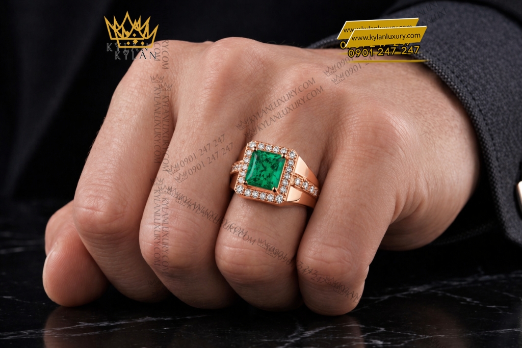 Nhẫn nam vàng hồng Au750 đính kim cương và đá ngọc lục bảo