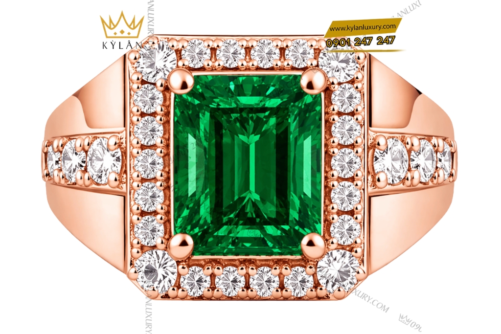 Nhẫn nam vàng hồng Au750 đính kim cương và đá ngọc lục bảo
