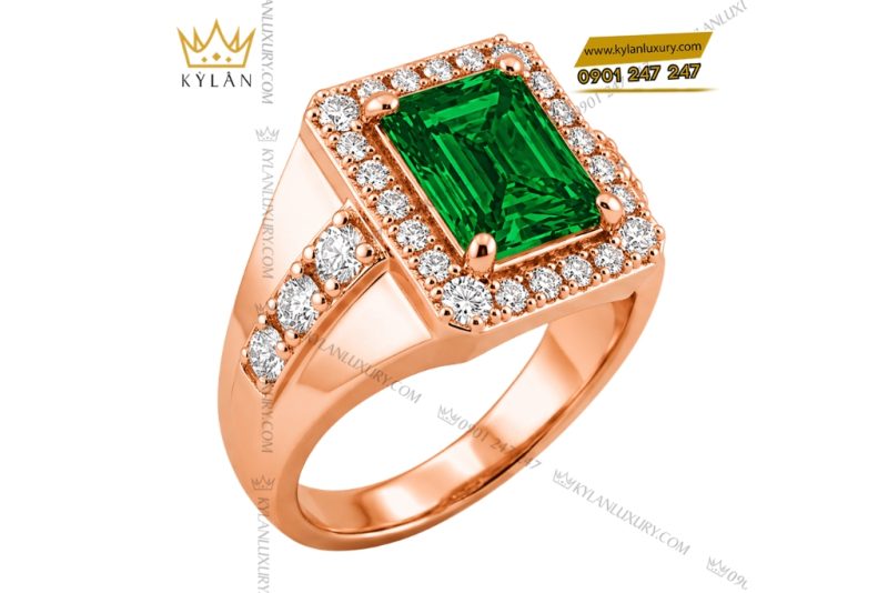 Nhẫn nam vàng hồng Au750 đính kim cương và đá ngọc lục bảo