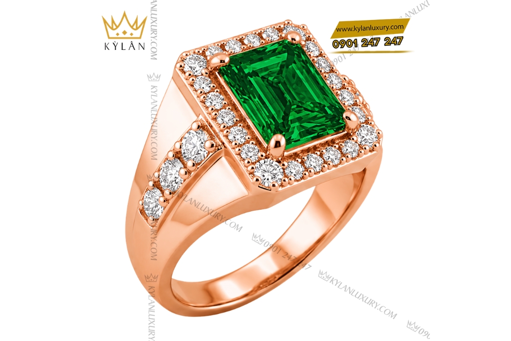 Kỳ Lân Luxury Nhan nam vang hong Au750 dinh kim cuong va da ngoc luc bao 4 Nhẫn nam vàng hồng Au750 đính kim cương và đá ngọc lục bảo