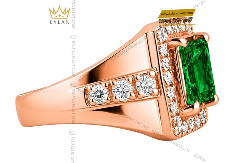 Nhẫn nam vàng hồng Au750 đính kim cương và đá ngọc lục bảo