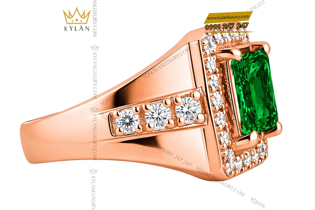 Kỳ Lân Luxury Nhan nam vang hong Au750 dinh kim cuong va da ngoc luc bao 5 Nhẫn nam vàng hồng Au750 đính kim cương và đá ngọc lục bảo