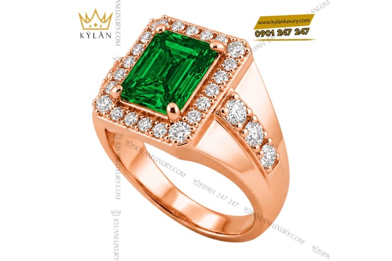 Nhẫn nam vàng hồng Au750 đính kim cương và đá ngọc lục bảo